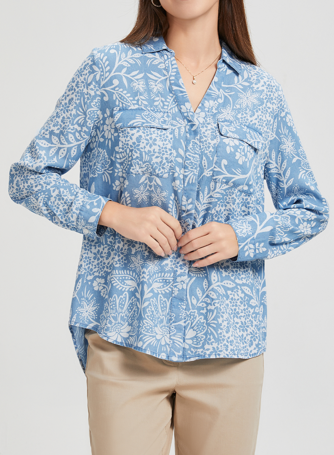 Blue Plant Long Sleeve Cuffed Shirt for Women Casual Loose Fit Stylish Pointed Collar Button Down with Side Slits Perfect for Summer Hawaiian Shirts for Women Plus Size Hawaiian Shirt Women Fashion