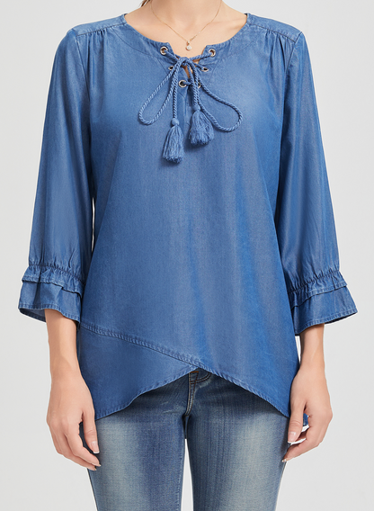 Womens Tops with Band Round Neck Adjustable Ties Embroidered Front and Back Shoulder Smocked Sleeve Tops for Women Cotton Shirts for Women Stylish Blue Shirt Women A-Line Silhouette