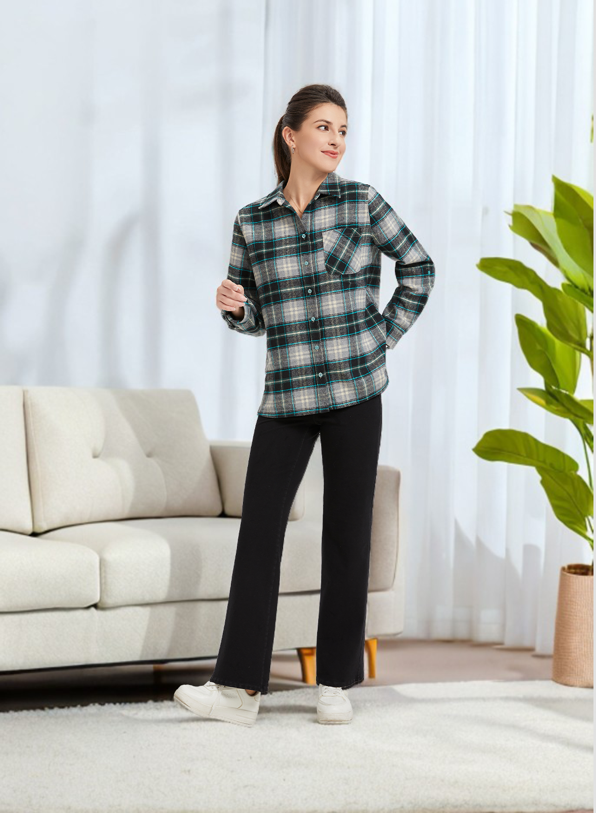 Womens Flannel Shirt Long Sleeve Checkered V Neck Button Down Casual Business Office Shirt Stylish and Comfortable Flannel Top Ideal for Spring and Autumn Versatile for Every Outfit Essential for Every Womens Wardrobe Black gray green plaid