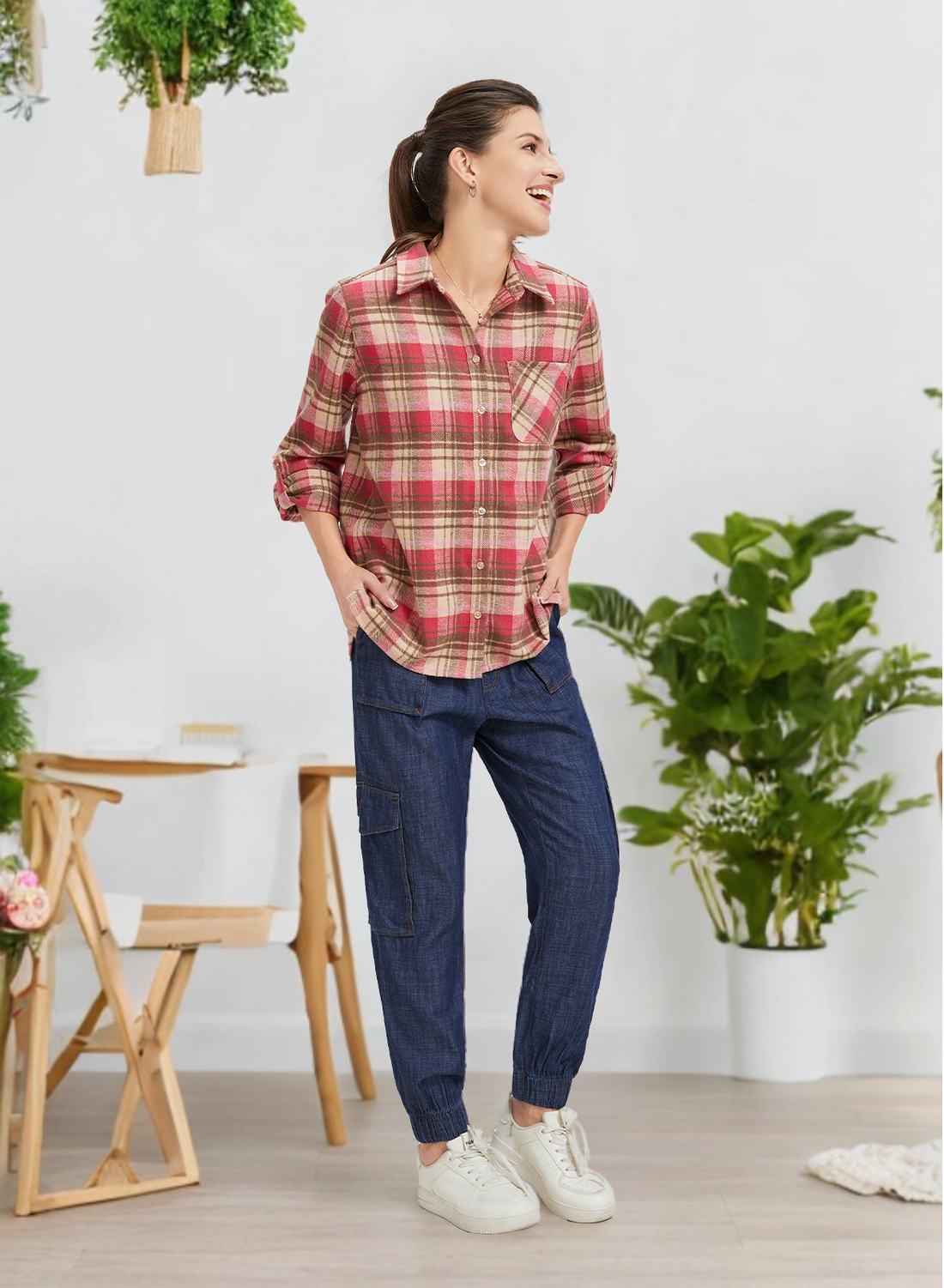 Womens Flannel Shirt Long Sleeve Checkered V Neck Button Down Casual Business Office Shirt Stylish and Comfortable Flannel Top Ideal for Spring and Autumn Versatile for Every Outfit Essential for Every Womens Wardrobe Pink and white plaid