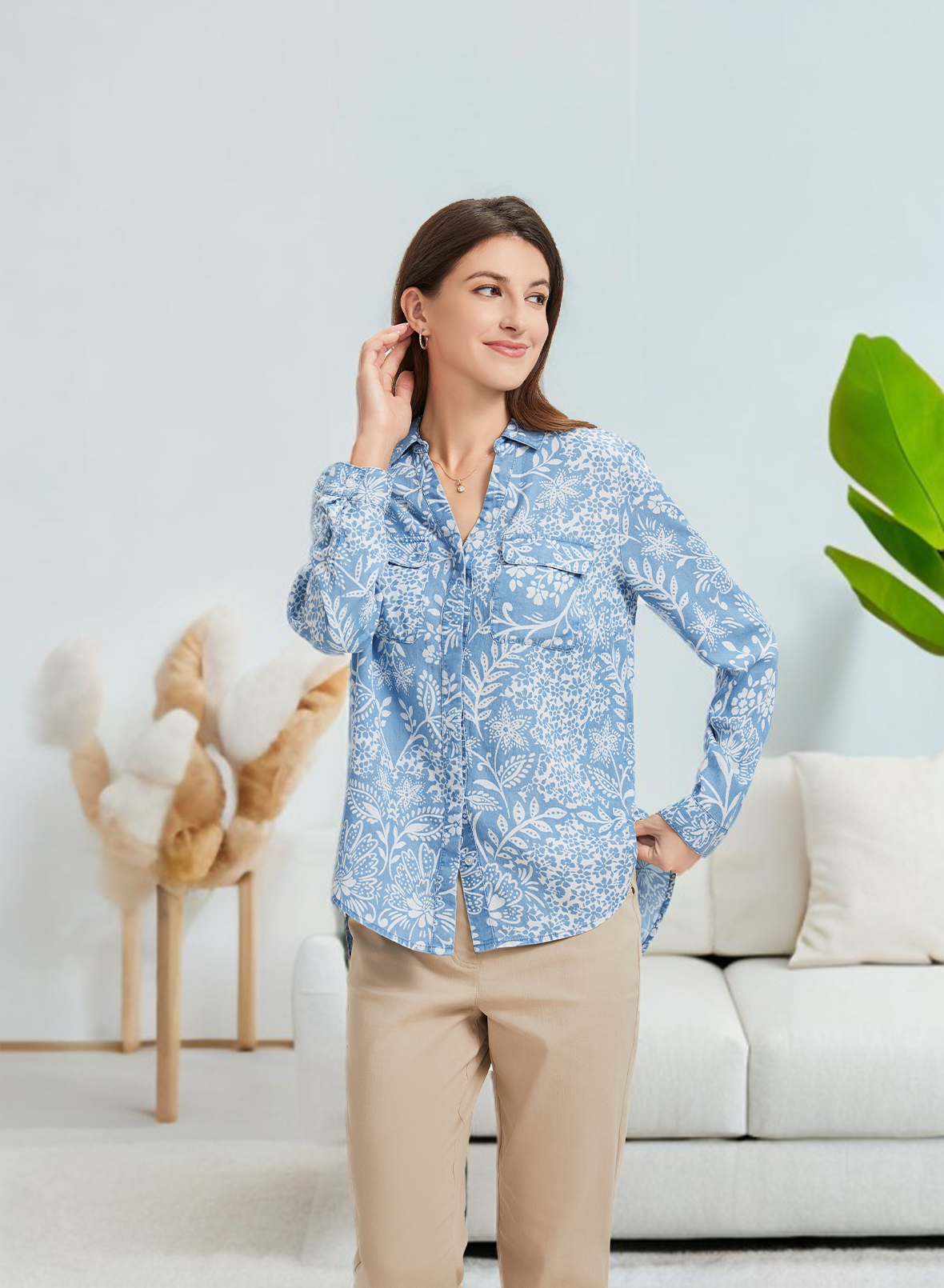 Blue Plant Long Sleeve Cuffed Shirt for Women Casual Loose Fit Stylish Pointed Collar Button Down with Side Slits Perfect for Summer Hawaiian Shirts for Women Plus Size Hawaiian Shirt Women Fashion