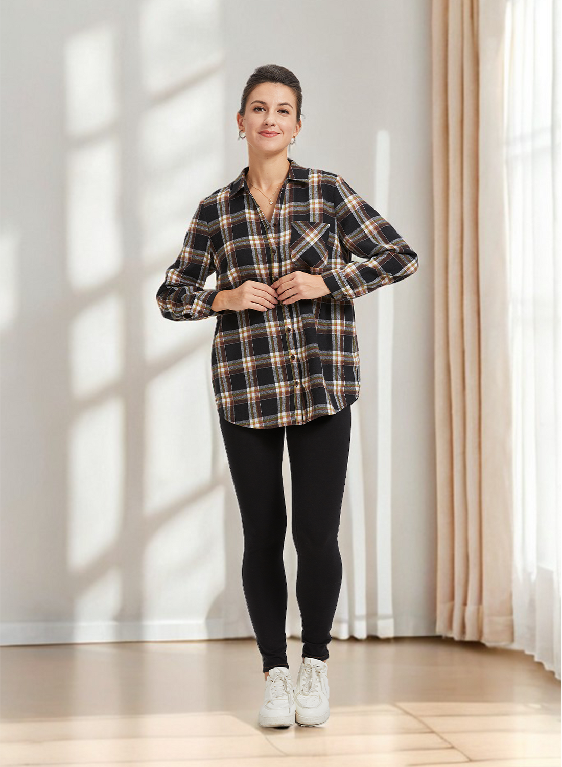 Women’s Checkered Flannel Shirt Long Sleeve Button Down V Neck Stylish Casual Office Wear Lightweight Comfortable Must-Have for Every Wardrobe Perfect for Spring and Fall Pair with Jeans or Leggings