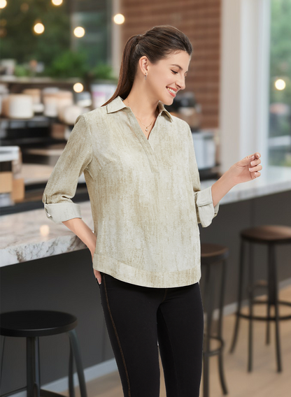 Womens Split Neck Short Sleeve Linen Top Breathable Polyester Casual Shirt Stylish and Comfortable Fitted Design with Pocket Longer Back for Coverage Perfect for Everyday Wear