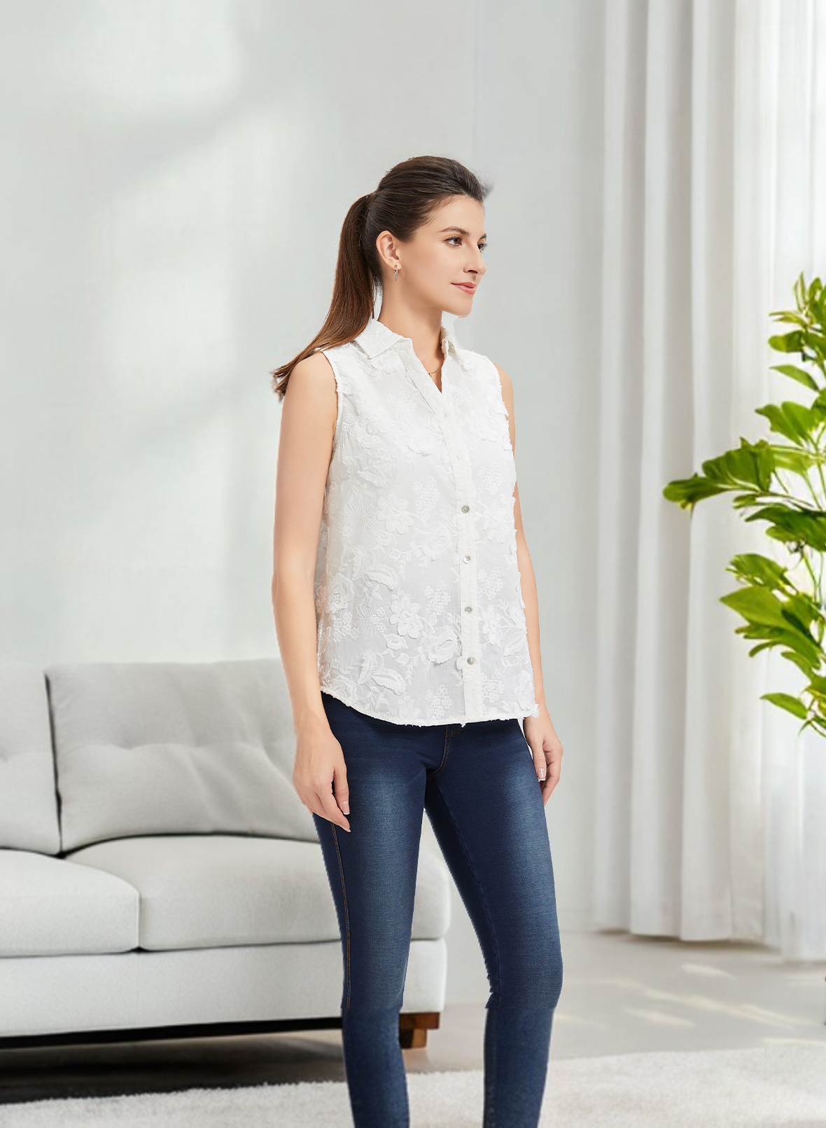 Womens Sleeveless White Shirt Button Down Blouse Professional Wrinkle Resistant Collared Top Loose Fit Office Wear Stylish White Tops for Women Elegant Work Shirt