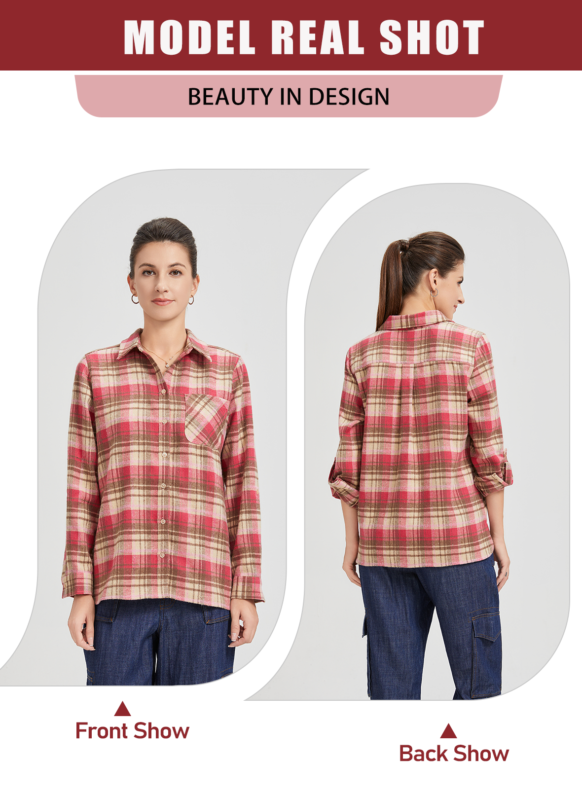 Womens Flannel Shirt Long Sleeve Checkered V Neck Button Down Casual Business Office Shirt Stylish and Comfortable Flannel Top Ideal for Spring and Autumn Versatile for Every Outfit Essential for Every Womens Wardrobe Pink and white plaid