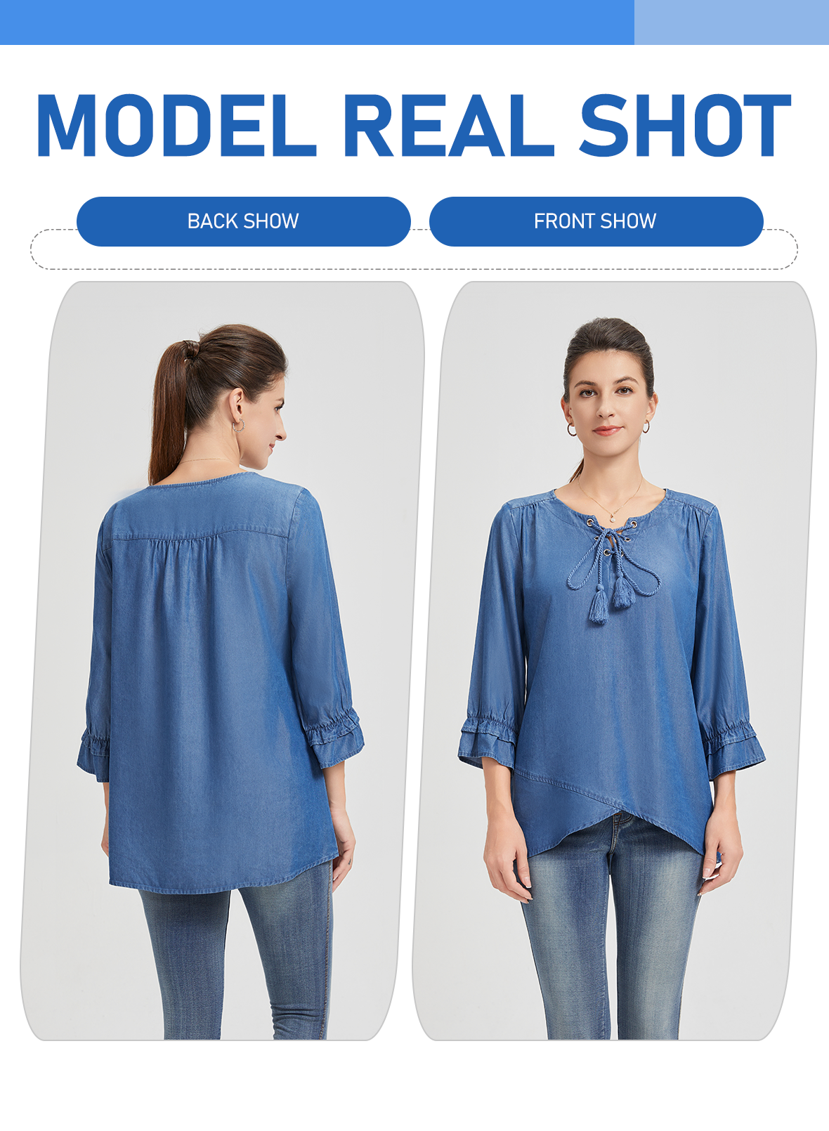 Womens Tops with Band Round Neck Adjustable Ties Embroidered Front and Back Shoulder Smocked Sleeve Tops for Women Cotton Shirts for Women Stylish Blue Shirt Women A-Line Silhouette