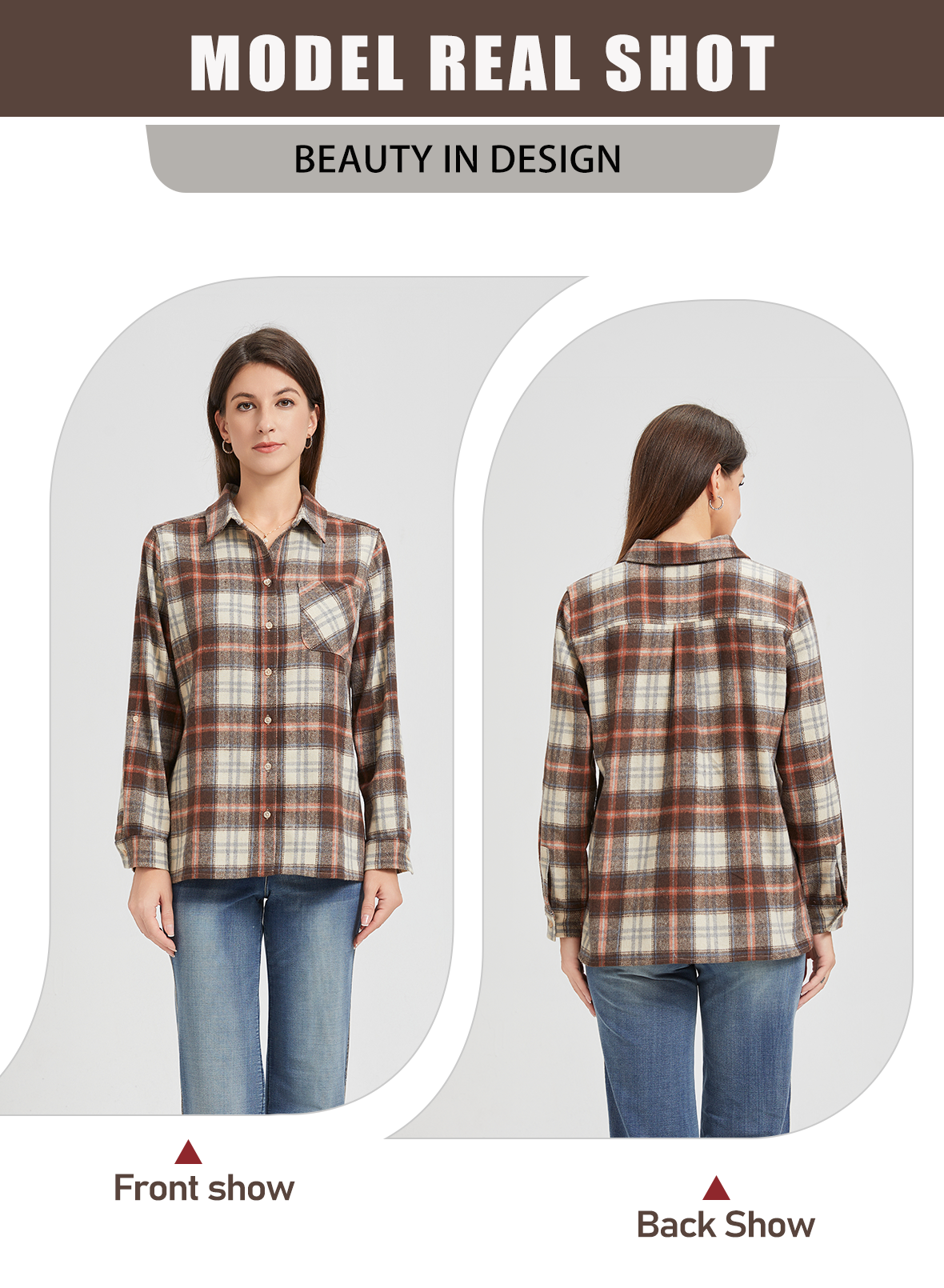 Womens Flannel Shirt Long Sleeve Checkered V Neck Button Down Casual Business Office Shirt Stylish and Comfortable Flannel Top Ideal for Spring and Autumn Versatile for Every Outfit Essential for Every Womens Wardrobe Brown Beige Plaid