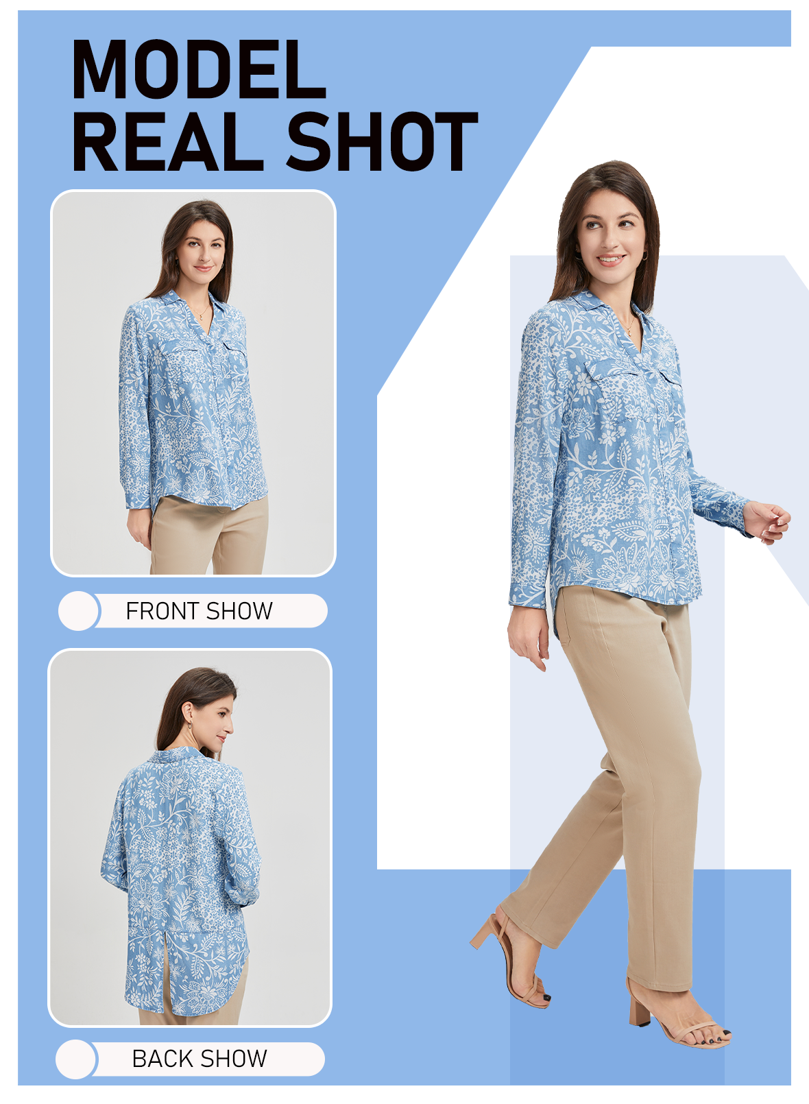 Blue Plant Long Sleeve Cuffed Shirt for Women Casual Loose Fit Stylish Pointed Collar Button Down with Side Slits Perfect for Summer Hawaiian Shirts for Women Plus Size Hawaiian Shirt Women Fashion