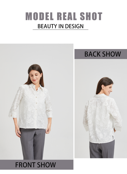 Womens White Long Sleeve Shirt Button Up Casual Blouse for Women Wrinkle Free Office Top Loose Fit Classic White Shirt for Business Work Elegant Fashion Daily Wear